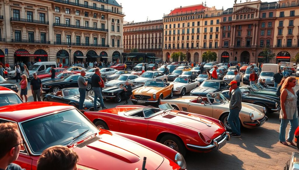 A bustling city square filled with a diverse array of classic and vintage automobiles, their chrome trim glimmering in the warm afternoon sunlight. In the foreground, a group of enthusiasts closely inspect the intricate details of a well-preserved 1970s sports car, its sleek lines and bold colors drawing admiring glances. In the middle ground, a mix of sedans, coupes, and convertibles from the 1980s and 1990s are neatly arranged, their owners engaged in lively discussions about their prized possessions. The background is dominated by the stately architecture of historic buildings, their facades adorned with ornate details that create a sense of timeless elegance. The overall scene conveys a palpable sense of nostalgia and appreciation for the automotive heritage of the region.