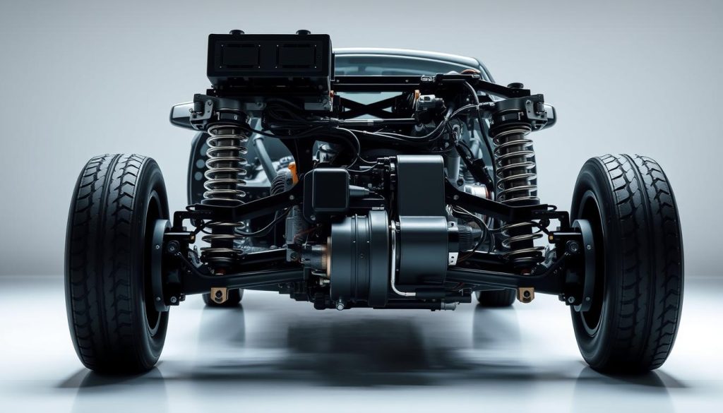 A complex and responsive active adaptive suspension system, with hydraulic actuators and advanced sensors. The vehicle is depicted in a clean, well-lit studio setting, showcasing the suspension's intricate mechanisms and engineering. The suspension components are rendered in high detail, with a focus on the adaptive dampers, air springs, and electronic control units. The lighting accentuates the sleek, modern design, creating a sense of technical sophistication and precision. The scene conveys the suspension's ability to dynamically adjust to changing road conditions, providing a smooth, comfortable, and responsive ride.
