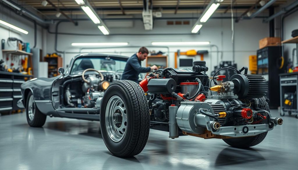 A detailed, high-resolution image of an electric vehicle conversion process. The foreground depicts a classic gasoline-powered car being retrofitted with an electric powertrain, with a mechanic working on the components. The middle ground showcases various electric drivetrain parts, including a battery pack, electric motor, and power electronics. The background features a modern, clean workshop environment with tools and equipment. The lighting is bright and evenly distributed, creating a crisp, technical atmosphere. The camera angle is slightly elevated, providing a comprehensive view of the conversion process. The overall mood conveys a sense of innovation, progress, and the transition towards sustainable transportation.