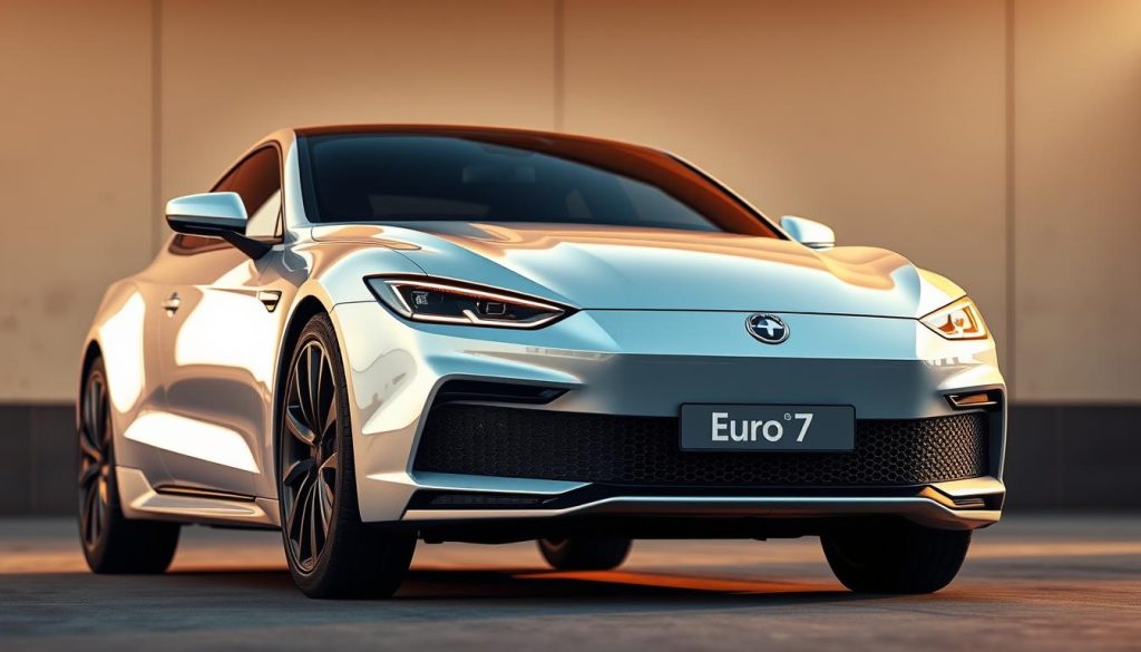 A detailed rendering of a Euro 7 compliant car, showcasing its advanced emission control technologies. The vehicle is depicted in a sleek, modern design with a streamlined silhouette and aerodynamic features. The front grille features a prominent "Euro 7" badge, highlighting the engine's compliance with the latest European emissions standards. The car is illuminated by warm, directional lighting, casting subtle shadows that accentuate its sculptural form. The background is a minimalist, urban setting, emphasizing the car's environmental credentials and its integration into a sustainable future. The overall mood is one of technological progress and environmental responsibility, reflecting the introduction of the Euro 7 norm.