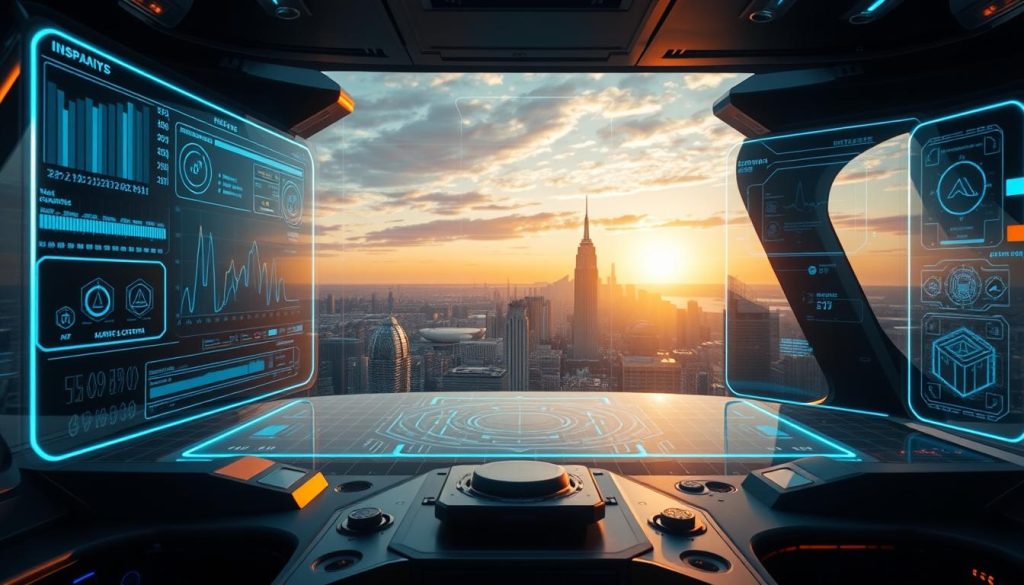 A futuristic HUD interface, rendered in sleek metallic tones and translucent panels. In the foreground, a holographic display projects data visualizations and control elements, their edges glowing with a subtle blue luminescence. The middle ground features a complex array of interlocking circuits and geometric shapes, suggesting advanced computing power. In the background, a panoramic view of a gleaming, high-tech cityscape stretches out, bathed in warm, golden light from the setting sun. The overall scene conveys a sense of innovation, precision, and technological prowess, suitable for illustrating the introduction to HUD technology.