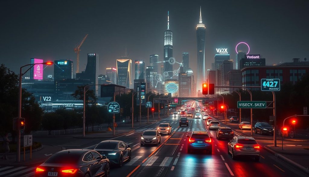 A futuristic cityscape illuminated by the warm glow of V2X (vehicle-to-everything) technology. In the foreground, sleek autonomous vehicles seamlessly communicate with each other and surrounding infrastructure, navigating the bustling streets. The middle ground features a network of interconnected traffic signals, street lights, and pedestrian crossings, all pulsing with real-time data exchange. In the background, a towering skyline of gleaming skyscrapers and high-tech hubs, symbolizing the integration of V2X into the heart of the modern urban landscape. Dramatic lighting casts long shadows, creating a sense of depth and emphasizing the advanced, almost sci-fi-like nature of the scene. The overall atmosphere conveys the power and potential of V2X technology to enhance transportation safety, efficiency, and connectivity.