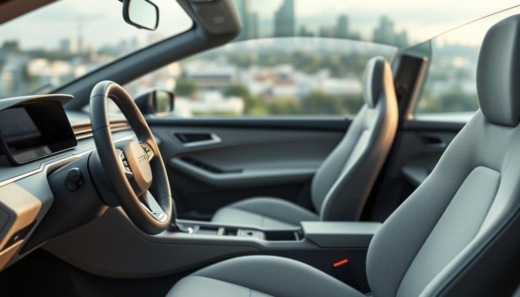A minimalist, eco-friendly automotive interior with sleek, sustainable materials. The foreground features a modern dashboard and steering wheel crafted from recycled plastics and renewable plant-based fibers. The middle ground showcases ergonomic, low-emission seats upholstered in organic fabrics. The background depicts a serene, nature-inspired setting with a blurred cityscape outside the panoramic windows, conveying a sense of harmony between technology and the environment. Soft, diffused lighting creates a calming, contemplative atmosphere, emphasizing the integration of eco-design principles into the automotive industry.