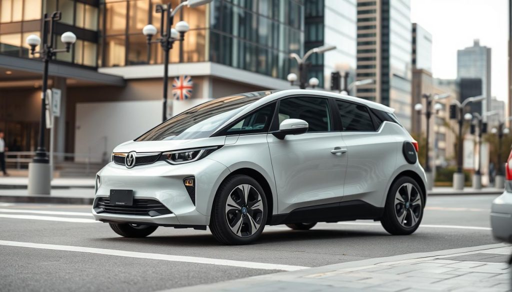 A modern, well-designed carsharing vehicle parked on a city street, with a sleek, aerodynamic body and clean, minimalist styling. The car is positioned in the foreground, with a slightly elevated angle to showcase its features. The background includes a mix of modern urban architecture, such as glass-fronted buildings and street lamps, creating a contemporary, cosmopolitan atmosphere. The lighting is natural, with soft shadows and highlights that accentuate the car's curves and details. The overall mood is one of efficiency, sustainability, and the convenience of shared transportation in a thriving, progressive city.