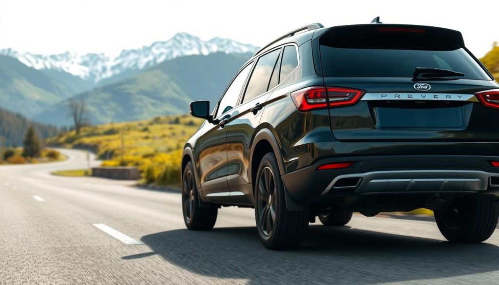 A serene SUV navigates a winding mountain road, its all-season tires gripping the asphalt with confidence. In the foreground, the tires' tread patterns are clearly visible, showcasing their ability to handle diverse weather conditions. The middle ground features a lush, verdant landscape, indicating the tires' versatility in both urban and rural environments. The background is a picturesque vista of majestic snow-capped peaks, hinting at the tires' prowess in tackling challenging terrains. The lighting is soft and natural, creating a warm, inviting atmosphere that reflects the all-season tires' reliability and year-round suitability.