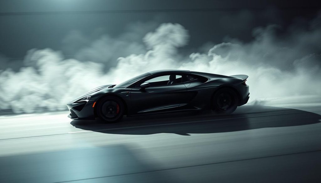 A sleek, aerodynamic sports car glides effortlessly through a wind tunnel, its curvaceous body sculpted by the forces of air. In the foreground, the car's contours are highlighted by strategic lighting, casting dramatic shadows that accentuate the vehicle's streamlined design. In the middle ground, turbulent airflow swirls around the car, visualized through subtle particle effects and mist-like wisps. The background fades into a hazy, technical environment, suggesting the scientific principles and engineering expertise that have been applied to optimize the car's aerodynamics. The overall scene conveys a sense of precision, power, and the relentless pursuit of speed and efficiency.