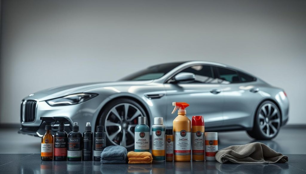 A sleek, luxurious car parked in a modern, minimalist garage. The vehicle's glossy, reflective surface catches the soft, diffused lighting, highlighting the intricate details of the car's paint and trim. In the foreground, an assortment of car care products, including polishes, sealants, and microfiber cloths, are neatly arranged, suggesting the careful maintenance required to protect the car's delicate finish. The background features a clean, uncluttered space, with smooth, seamless walls and floors, creating a sense of tranquility and focus on the car itself. The overall scene conveys a sense of precision, attention to detail, and the importance of protecting the car's pristine appearance.