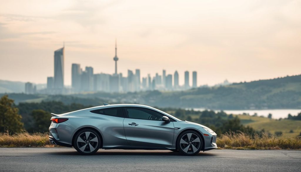 A sleek, modern hybrid car rests in the foreground, its body gleaming under soft, diffuse lighting. In the middle ground, a city skyline rises, with towering glass and steel structures punctuating the horizon. The background features a serene, rolling landscape, with lush greenery and a tranquil lake reflecting the sky's gentle hues. The overall scene conveys a sense of technological innovation, environmental consciousness, and the harmonious integration of urban and natural elements - a fitting representation of the introduction to hybrid vehicles.