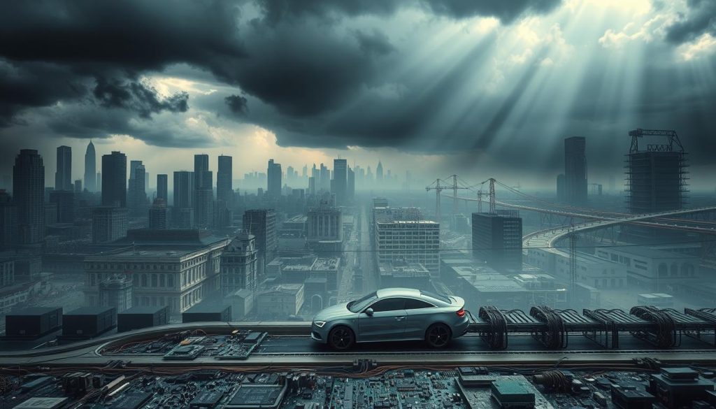 A sprawling cityscape, dominated by towering skyscrapers and bustling factories, is shrouded in a hazy, ominous atmosphere. In the foreground, a maze of circuit boards and electronic components lie in disarray, symbolizing the global semiconductor shortage that has disrupted the automotive industry. The midground features a lone, forlorn car on an assembly line, its production halted due to the lack of crucial microchips. In the background, dark storm clouds loom, casting an ominous shadow over the scene, reflecting the broader economic and technological crisis unfolding. The lighting is dramatic, with beams of light cutting through the gloom, highlighting the gravity of the "kryzys półprzewodników" - the semiconductor crisis that has gripped the industry.
