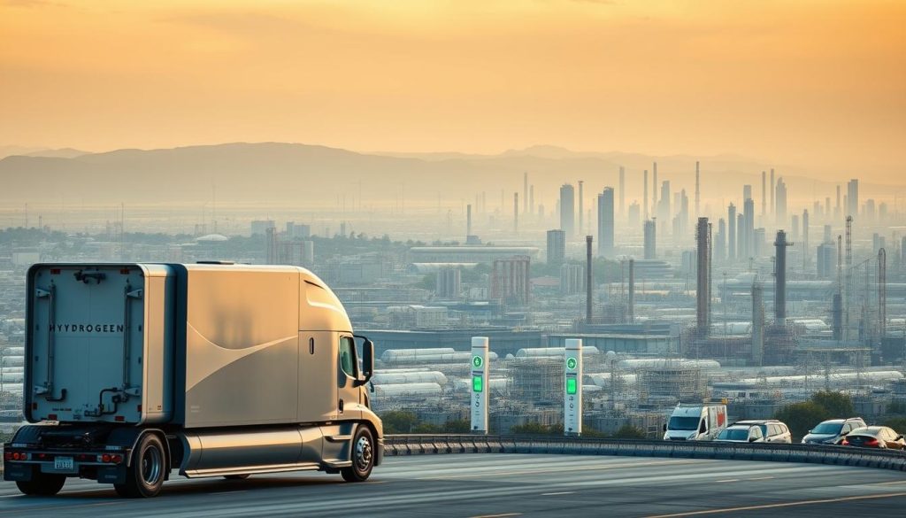 A vast industrial landscape of hydrogen-powered vehicles and infrastructure. In the foreground, a futuristic semi-truck with sleek, aerodynamic design and a prominent hydrogen fuel cell system. In the middle ground, automated hydrogen refueling stations dotting the horizon, their tall, cylindrical towers emitting a soft glow. In the background, a sprawling cityscape with towering skyscrapers and factories, all powered by clean, renewable hydrogen energy. The scene is bathed in a warm, golden light, conveying a sense of progress and optimism towards a sustainable transportation future. Captured with a wide-angle lens to emphasize the scale and scope of the hydrogen-based ecosystem.