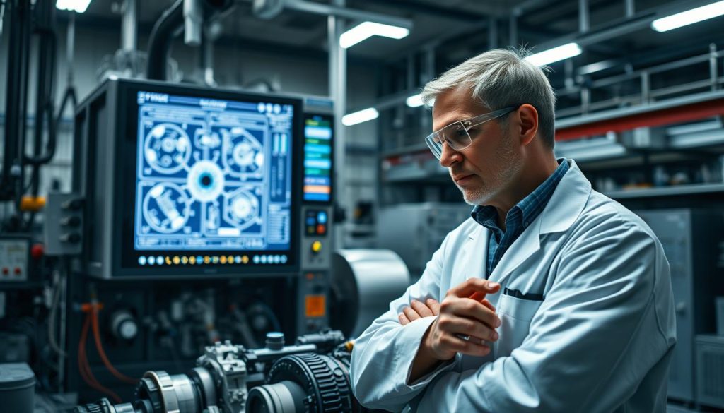 A well-lit industrial workshop, with a central diagnostic station featuring an array of sensors, displays, and diagnostic tools. In the foreground, a technician in a lab coat and safety goggles examines a disassembled machine component, deep in thought. The background reveals a sleek, modern AI-powered system, its interface displaying intricate schematics and real-time performance data. Soft, diffused lighting creates a contemplative atmosphere, hinting at the integration of advanced AI technologies into the service diagnostic process.